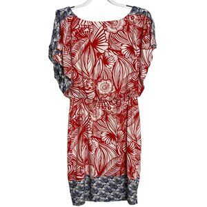 Maggy London Womens 4 Red Blue Floral Short Sleeve Sheath Dress